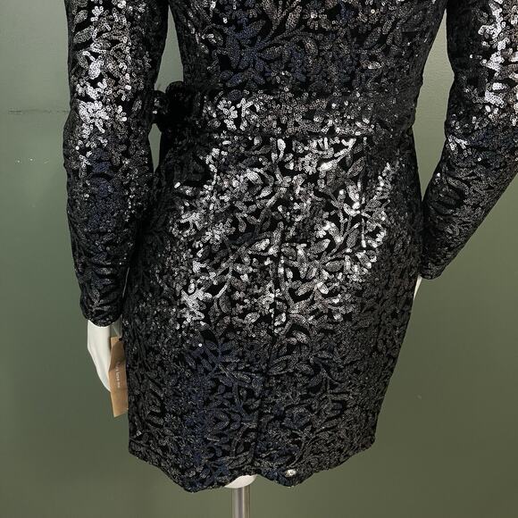 Reformation Long Sleeve Sequins Wrap Cocktail Party Mini Dress XS Black - Picture 8 of 15